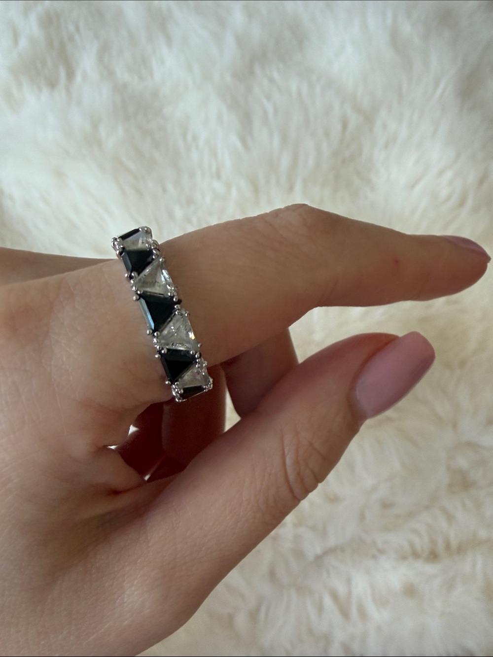 Swarovski Ring with Black and Clear Triangle Stones size 9